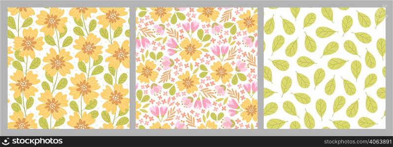 Set of hand-drawn seamless patterns with flowers. Colorful floral illustrations for paper and gift wrap. Fabric print modern design. Creative stylish background.