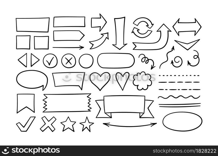 Set of hand drawn shapes - arrows, ovals, rectangles, underlines. Highlight round and square frames. Doodle black hearts and stars. Vector illustration isolated on white background in doodle style.. Set of hand drawn shapes - arrows, ovals, rectangles, underlines. Highlight round and square frames. Doodle black hearts and stars. Vector illustration isolated on white background in doodle style