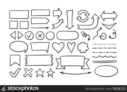 Set of hand drawn shapes - arrows, ovals, rectangles, underlines. Highlight round and square frames. Doodle black hearts and stars. Vector illustration isolated on white background in doodle style.. Set of hand drawn shapes - arrows, ovals, rectangles, underlines. Highlight round and square frames. Doodle black hearts and stars. Vector illustration isolated on white background in doodle style