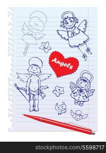Set of Hand-Drawn Sketchy Angels on Lined Notebook Paper Background