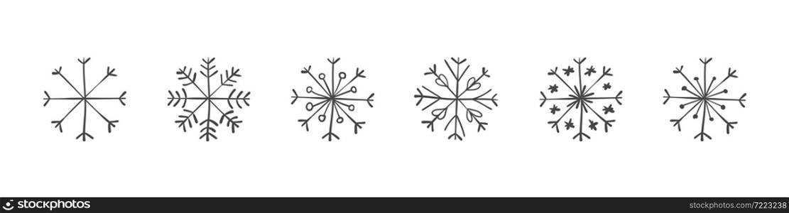 Set of hand drawn snowflakes. Winter snow symbols. Snowflakes Christmas elements. Vector illustration