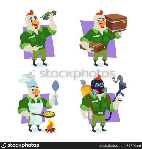 Set of hand-drawn soldier eagles holding toy tank, carrying boxes, cooking on c&fire, holding gas weapon