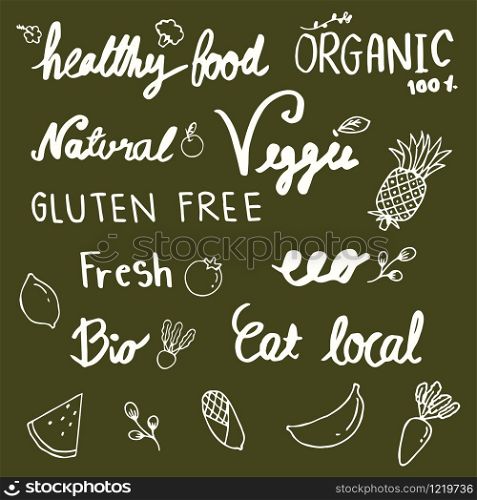 Set of hand drawn style badges and elements for organic food and drink, natural products,Vector illustrations.