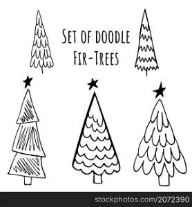 Set of Hand drawn stylized christmas trees in doodle style. Stock vector illustration.. Set of Hand drawn stylized christmas trees in doodle style. Stock vector illustration