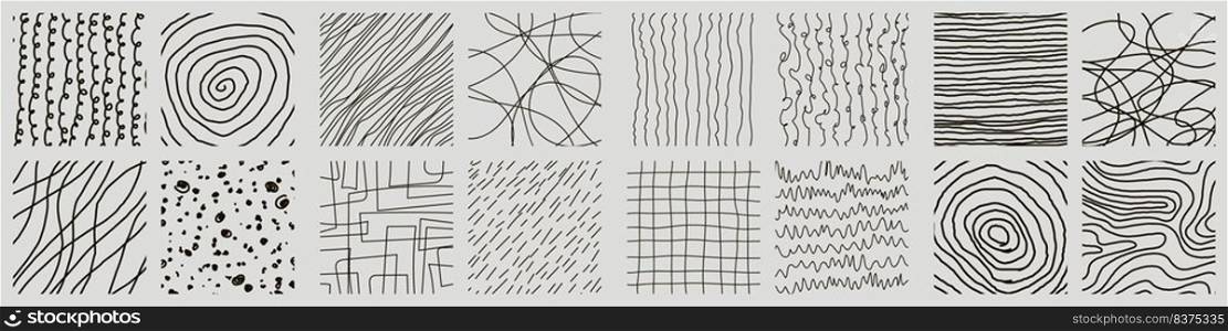 Set of hand drawn textured seamless patterns. Simple textures for background. Vector illustration