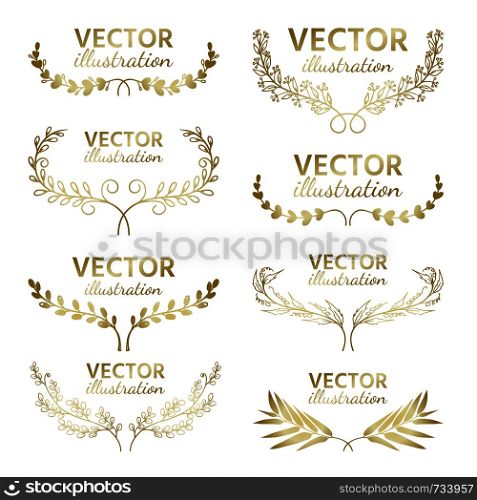 Set of hand drawn vector branches with leaves and berries. Floral sketch collection. Decorative elements for design. Ink, vintage, rustic.. Set of hand drawn vector, gold branches with leaves and berries. Floral sketch collection. Decorative elements for design. Ink, vintage, rustic.