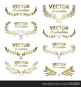 Set of hand drawn vector branches with leaves and berries. Floral sketch collection. Decorative elements for design. Ink, vintage, rustic.. Set of hand drawn vector, gold branches with leaves and berries. Floral sketch collection. Decorative elements for design. Ink, vintage, rustic.