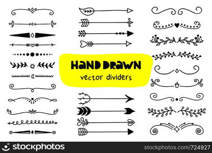 Set of hand drawn vector dividers on a white background. Doodle design elements (line, border, arrow).