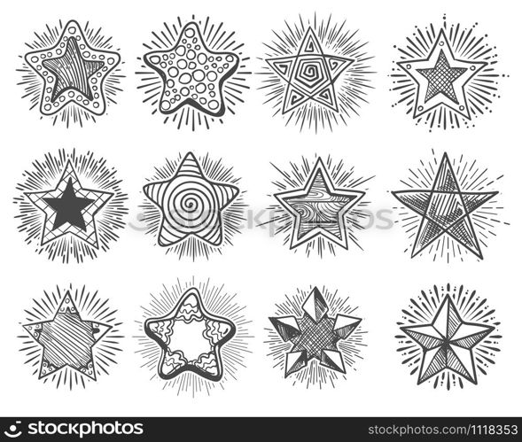 Set of hand drawn vector stars in doodle style on white background. Vector illustration