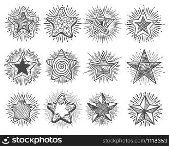 Set of hand drawn vector stars in doodle style on white background. Vector illustration