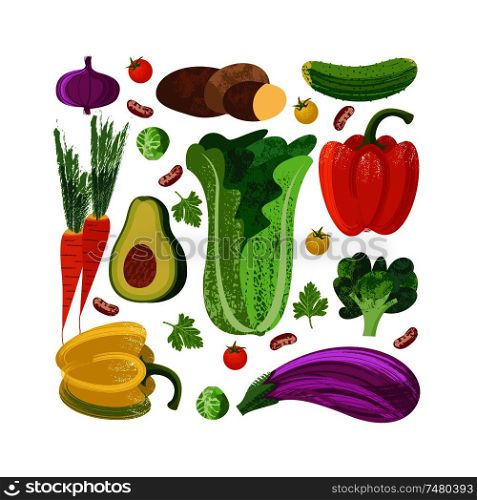 Set of hand drawn vegetables. Vector illustration on white background. Delicious colorful vegetables with hand drawn unique texture.. Happy world vegetarian day. Vector illustration with hand drawn unique textures.