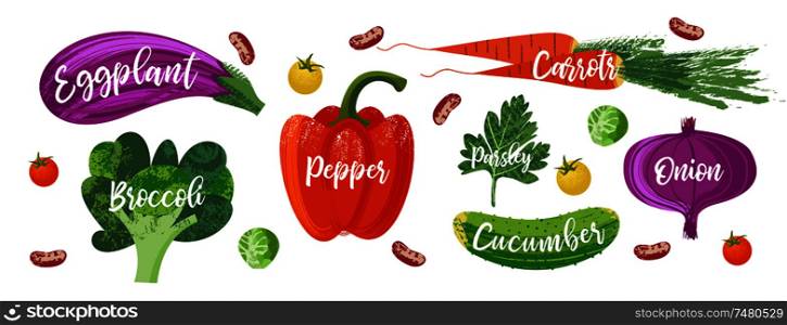 Set of hand drawn vegetables. Vector illustration on white background. Delicious colorful vegetables with hand drawn unique texture.. Happy world vegetarian day. Vector illustration with hand drawn unique textures.