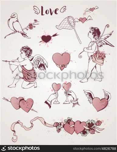 Set of hand drawn vintage design elements for Valentine's day