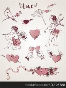 Set of hand drawn vintage design elements for Valentine's day