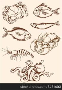 set of hand drawn vintage seafood icons