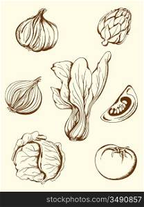 set of hand drawn vintage vegetables icons