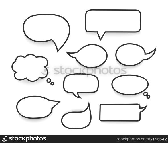 Set of hand drawn white speech bubbles with black stroke, vector eps10 illustration. Speech Bubbles