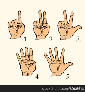 Set of hand gestures count 1 2 3 4 and 5, pop art retro vector illustration. One two three four five