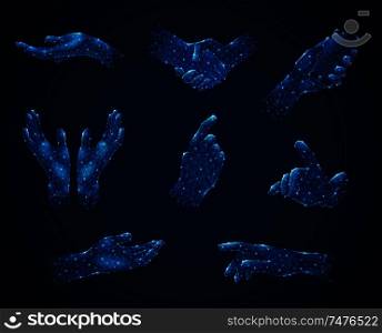 Set of hand gestures in blue polygonal wireframe style luminescent on dark background isolated vector illustration