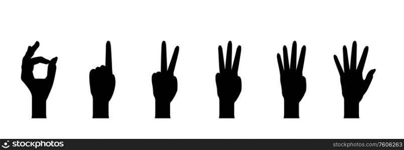 Set of Hand Silhouettes that show the numbers 0, 1, 2, 3, 4, 5 with flexion of the fingers. Vector Illustraion. EPS10. Set of Hand Silhouettes that show the numbers 0, 1, 2, 3, 4, 5 with flexion of the fingers. Vector Illustraion