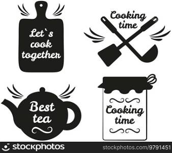 Set of hand writings about kitchen, food and cooking. Best time, home baking, restaurant food, fresh dish, cooking class, let s cook. Hand drawn letterings in simple style, ink or pen outlines. Set of hand writings about kitchen, food and cooking. Hand drawn letterings, culinary outlines