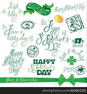 Set of hand written text: Happy St. Patricks Day, Good luck, etc. Calligraphy elements for holiday design in vintage style, grunge rubber stamps, shamrock, gold coin. Isolated on white background.