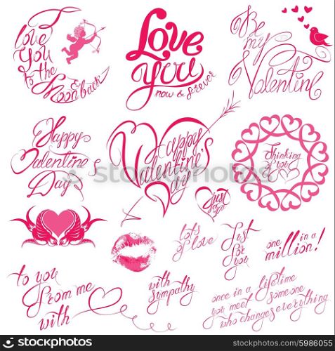 Set of hand written text: Happy Valentine`s Day, I love you, Be my Valentine, etc. Calligraphy elements for holidays or wedding design in vintage style, hearts, birds, angels.