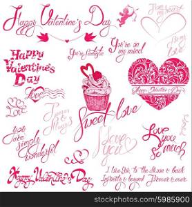 Set of hand written text: Happy Valentine`s Day, I love you, Forever and Always, etc. Calligraphy elements for holidays or wedding design in vintage style, hearts, cake, angels.