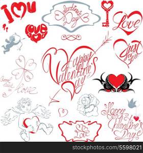Set of hand written text: Happy Valentine`s Day, I love you, Just for you, etc. in heart shape. Calligraphic elements for holidays or wedding design in vintage style.