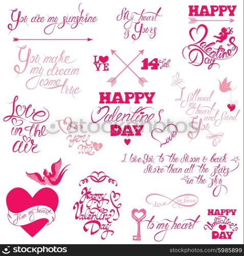 Set of hand written text: Happy Valentine`s Day, I love you, Love in the air, etc. Calligraphy elements for holidays or wedding design in vintage style, hearts, birds, angels.