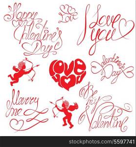 Set of hand written text: Happy Valentine`s Day, I love you, Marry me, etc. Calligraphy elements for holidays or wedding design in vintage style.
