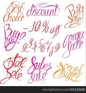 Set of hand written words Buy now!, Best choice, discount, big, mega, super, total sale, special offer and numerals 0-9% - calligraphic Elements for fashion or retail Design