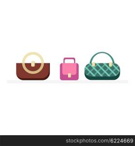 Set of handbags design flat isolated. Bag fashion designer handbag, woman handbag, fashion purse, elegance accessory, leather handbags glamour set vector illustration