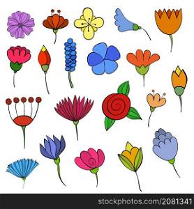 Set of handdrawn colorful flowers for floral card design