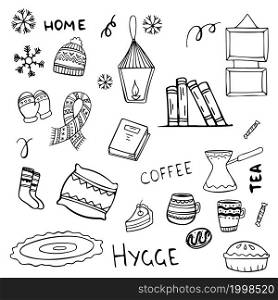 Set of handdrawn hygge cozy elements doodles in vector. Set of hand drawn hygge cozy elements doodles in vector