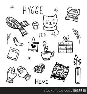 Set of handdrawn hygge elements doodles in vector. Set of hand drawn home hygge elements doodles in vector