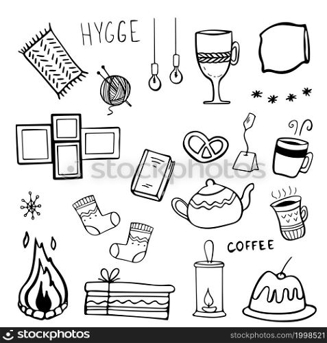 Set of handdrawn hygge home elements doodles in vector. Set of hand drawn hygge home elements doodles in vector