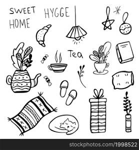 Set of handdrawn hygge home elements doodles in vector. Set of hand drawn hygge home elements doodles in vector