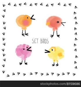Set of handpainted watercolor vector fun birds.Design element for children plays, spring congratulation card. Perfect elements for save the date card. Unique artwork for your design.. Set of handpainted watercolor vector fun birds. vector design.