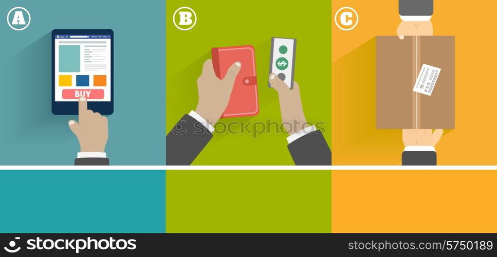 Set of hands at internet shopping process of purchasing