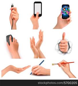 Set of hands holding different business objects.Vector