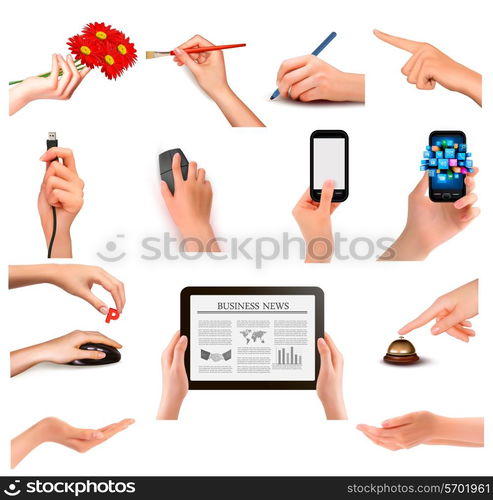 Set of hands holding different business objects. Vector illustration