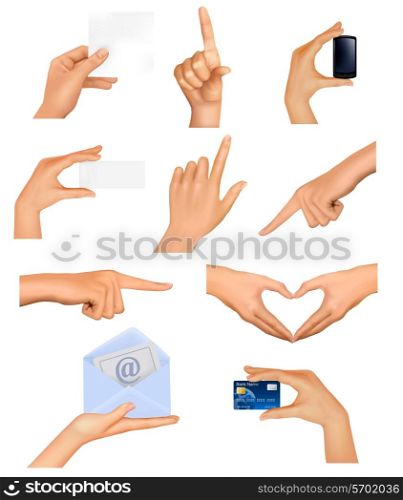 Set of hands holding different business objects. Vector illustration