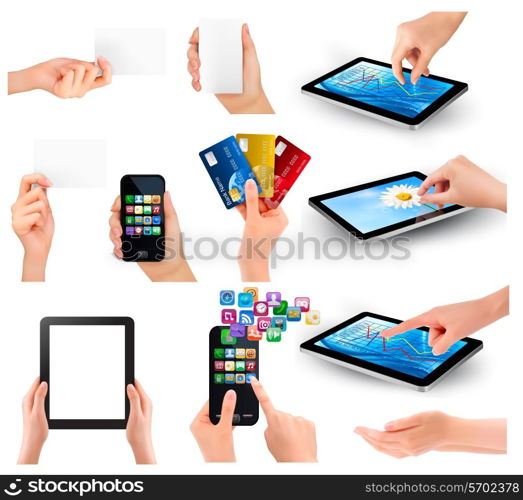 Set of hands holding different business objects. Vector illustration