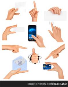 Set of hands holding different business objects. Vector illustration