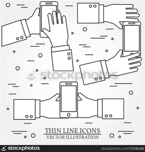 Set of hands holding mobile phone.Thin line icon. Vector illustration.. Set of hands holding mobile phone.Thin line icon. Vector illustr