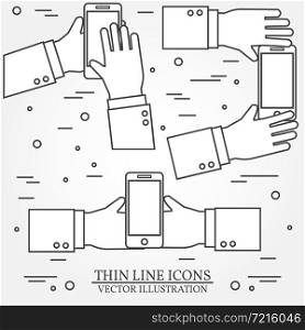 Set of hands holding mobile phone.Thin line icon. Vector illustration.. Set of hands holding mobile phone.Thin line icon. Vector illustr