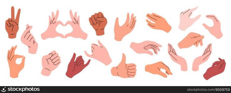 Set of hands in doodle style isolated human arms. Vector different man or woman hands showing peace sign, heart, thumb up. Vector illustration