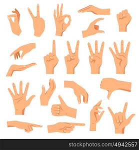 Set Of Hands. Set of hands in different gestures emotions and signs on white background isolated vector illustration