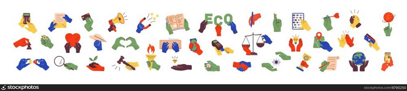 Set of hands with different signs, for working, payment, communication. Objects, things, equipment in green human hand. Colorful person holding items, inscriptions isolated on white background. Objects, things, equipment in green human hand. Colorful hands holding different signs, items